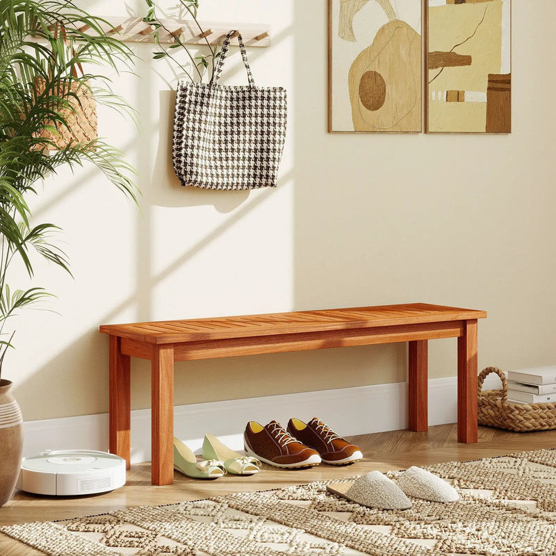 Outdoor Wood Bench 2-Person Backless Patio Garden Bench with Slatted Seat by DirectDeals
