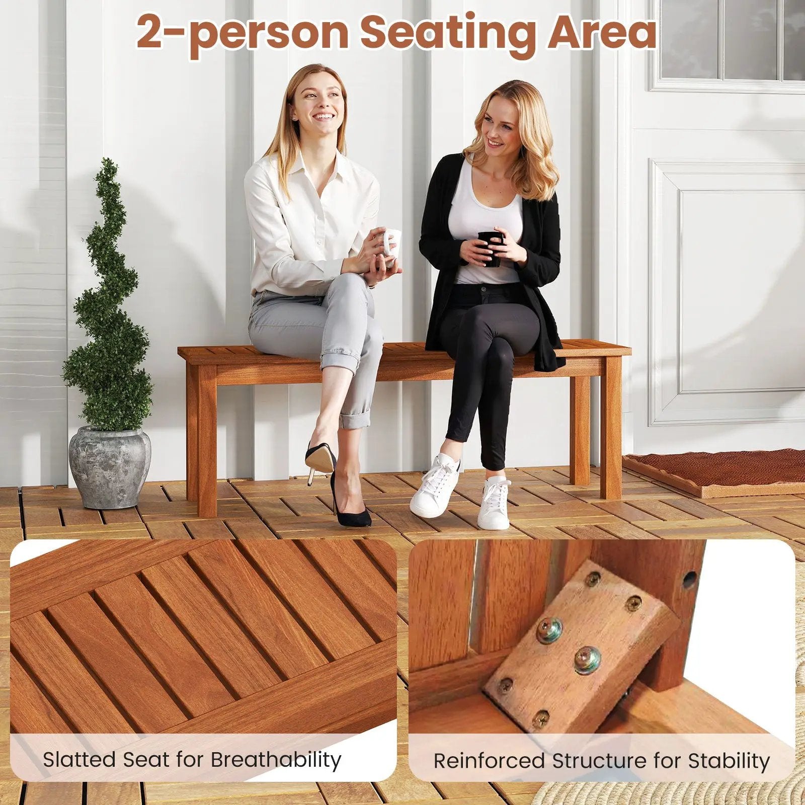 Outdoor Wood Bench 2-Person Backless Patio Garden Bench with Slatted Seat by DirectDeals
