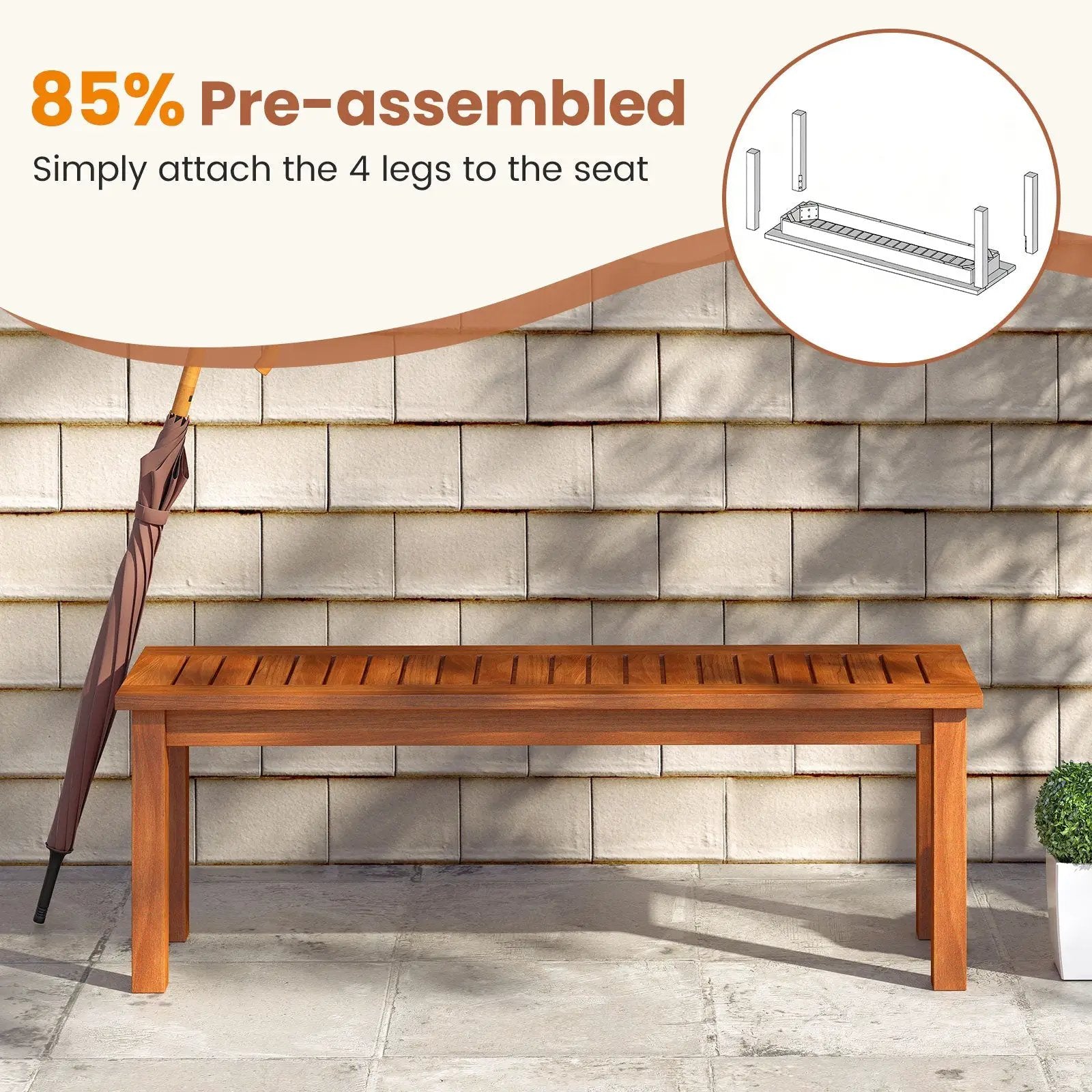 Outdoor Wood Bench 2-Person Backless Patio Garden Bench with Slatted Seat by DirectDeals
