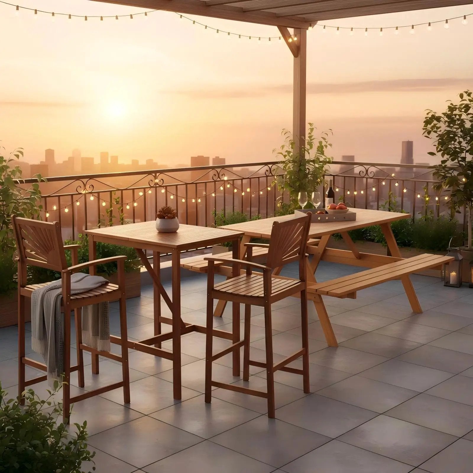 Outdoor Wood Picnic Table with Benches & Bar Table with 2 Stools by DirectDeals