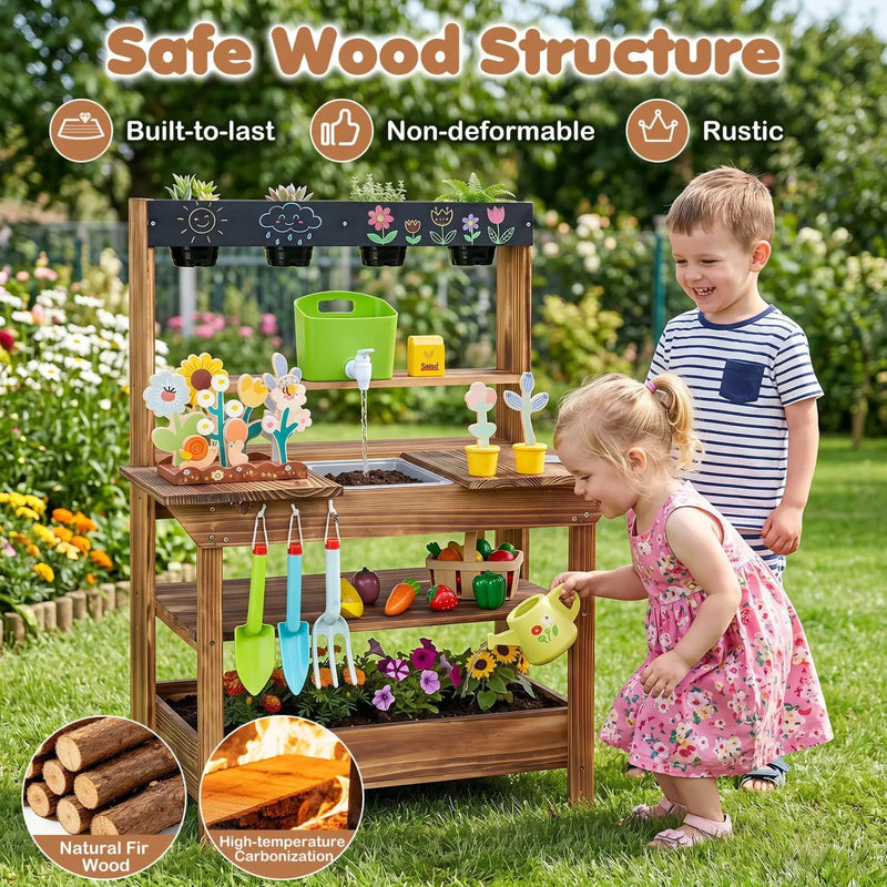 Outdoor Wooden Mud Kitchen with Water Faucet & Planter by DirectDeals