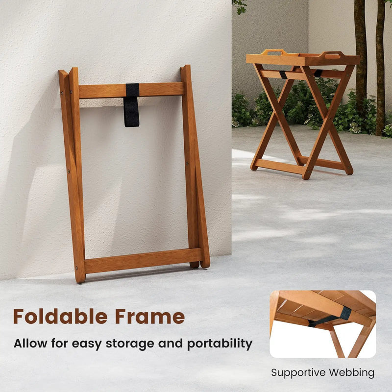 Outdoor Wood Tray Table Portable Side End Table with Folding Frame by DirectDeals