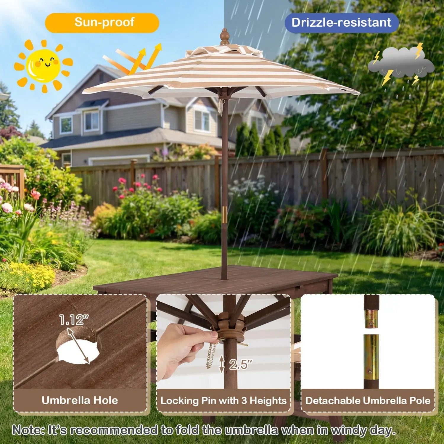 Outdoor Wooden Kids Picnic Table with Removable Umbrella and Cushions by DirectDeals