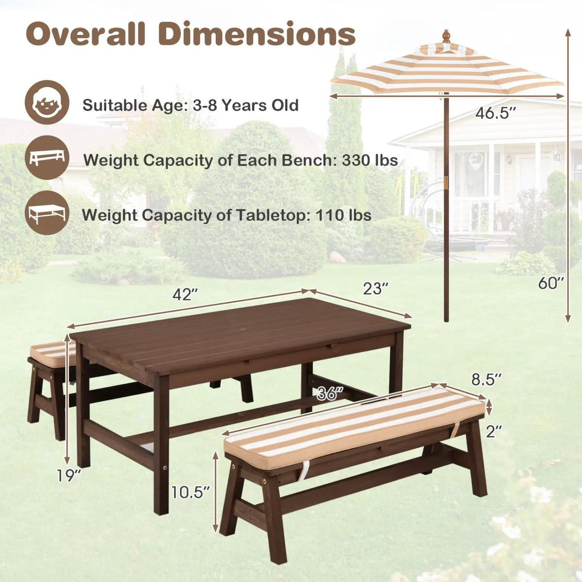 Outdoor Wooden Kids Picnic Table with Removable Umbrella and Cushions, photo 5 of 16