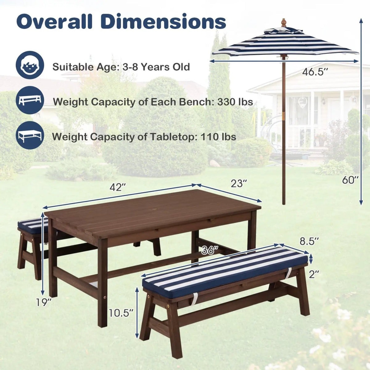 Outdoor Wooden Kids Picnic Table with Removable Umbrella and Cushions, photo 12 of 16