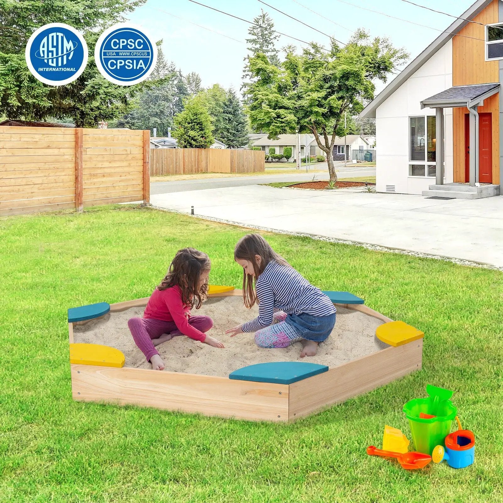 Outdoor Solid Wood Sandbox with 6 Built-in Fan-shaped Seats by DirectDeals