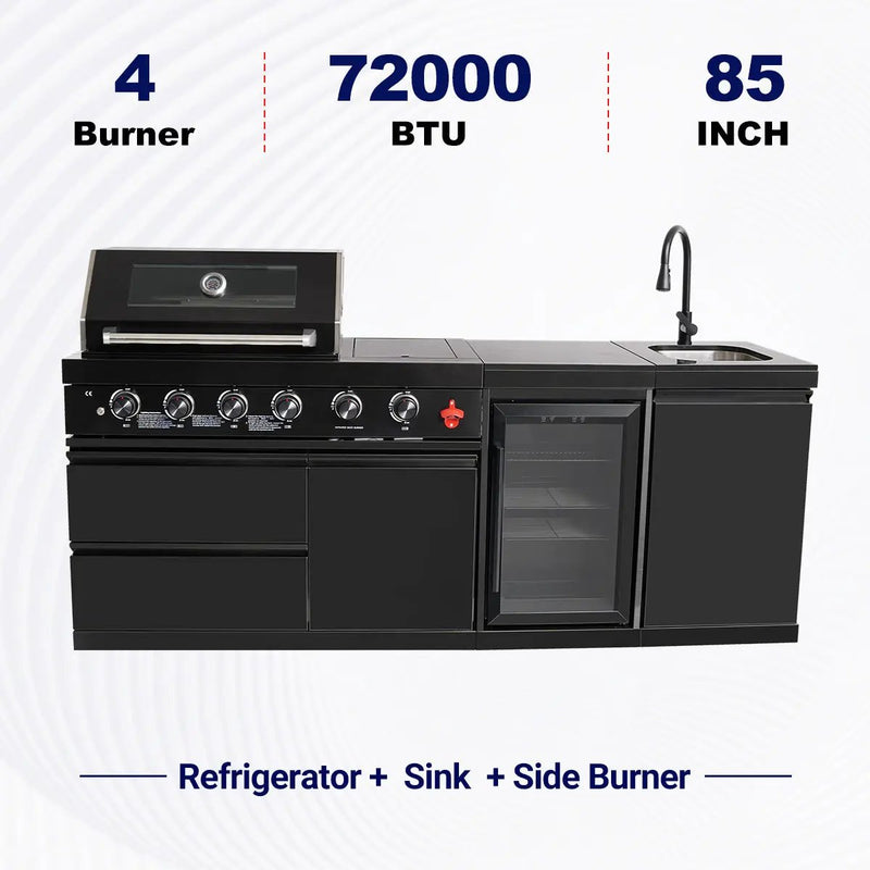 85" 4-Burner 72000 BTU Black Outdoor Kitchen Island Grill with Compact Refrigerator Marble Countertops Sink by Chery Industrial
