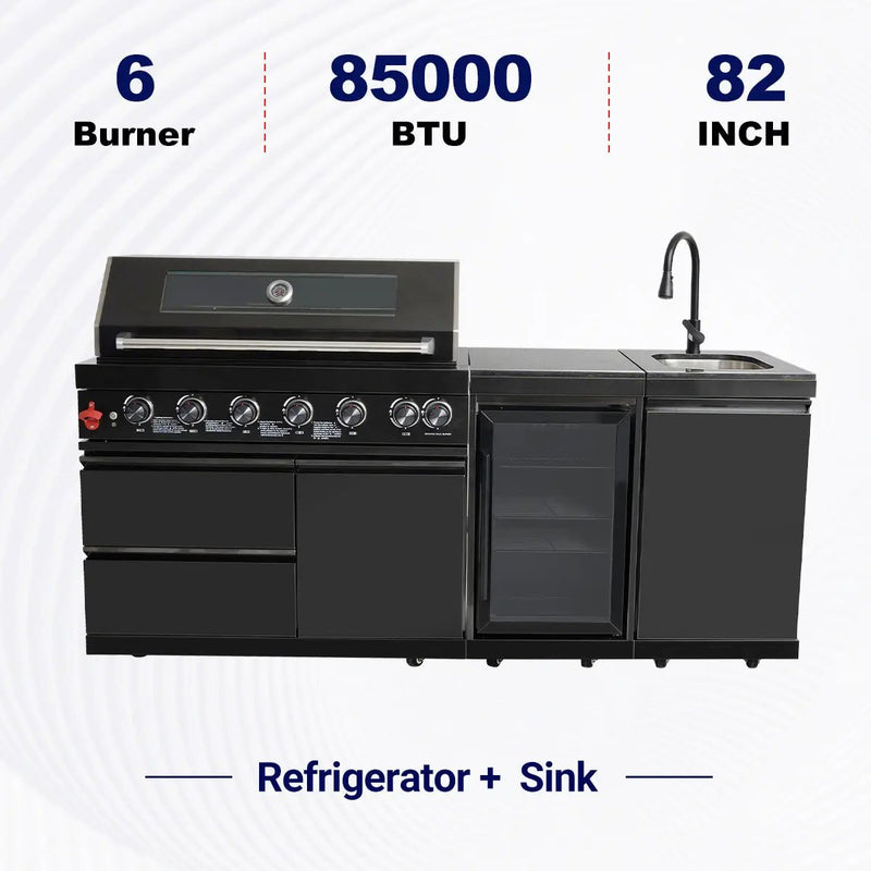 82" 6-Burner 85,000 BTU Gas Outdoor Kitchen Island Grill Stainless Steel Sink Wine Cooler by Chery Industrial