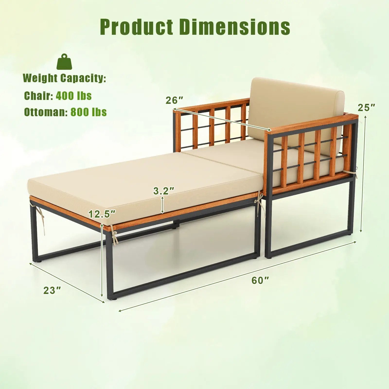 Patio Acacia Wood Armchair with Long Ottoman and Seat Back Cushions by DirectDeals