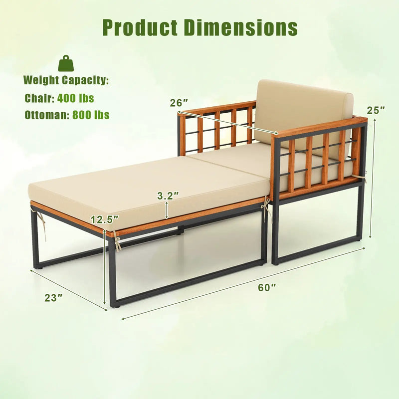 Patio Acacia Wood Armchair with Long Ottoman and Seat Back Cushions by DirectDeals