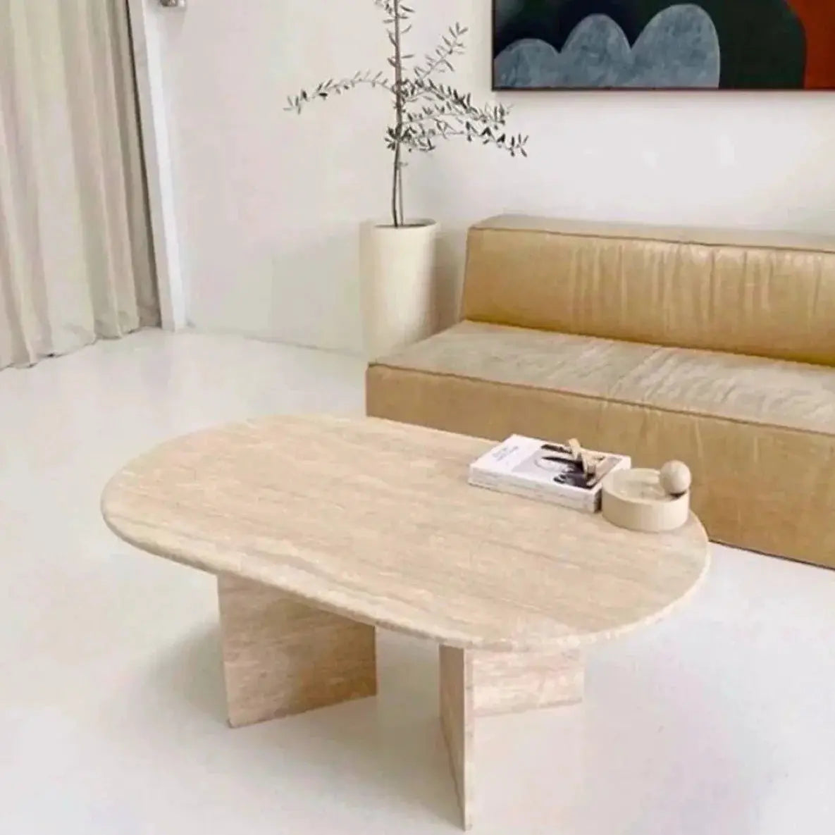 Light Travertine Oval Handcrafted Coffee Table Polished Finish 24 x 48 x 16 Inches by GobekDesign