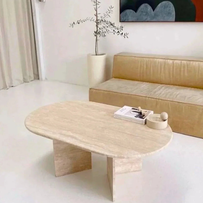 Troia Light Travertine Oval Shape Coffee Table Filled and Polished (W)24" (L)48" (H)16" by GobekDesign