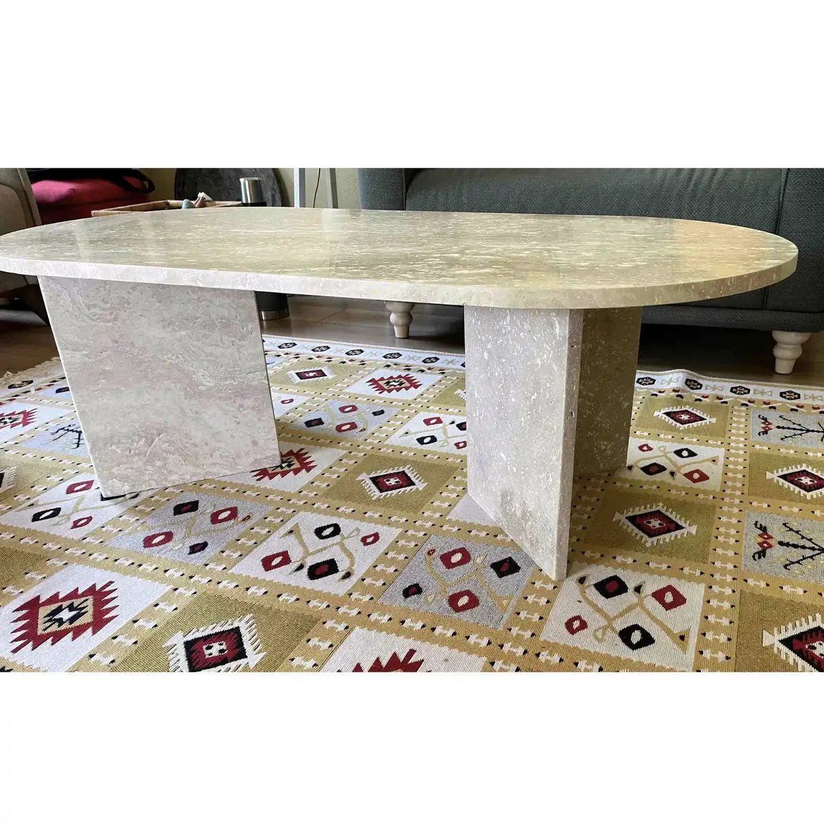Light Travertine Oval Handcrafted Coffee Table Polished Finish 24 x 48 x 16 Inches by GobekDesign