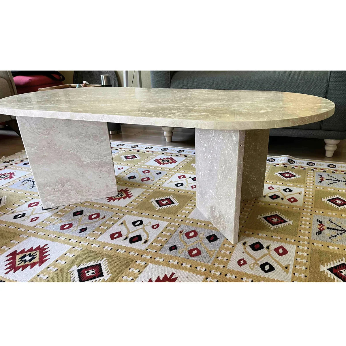 Troia Light Travertine Oval Shape Coffee Table Filled and Polished (W)24" (L)48" (H)16" by GobekDesign