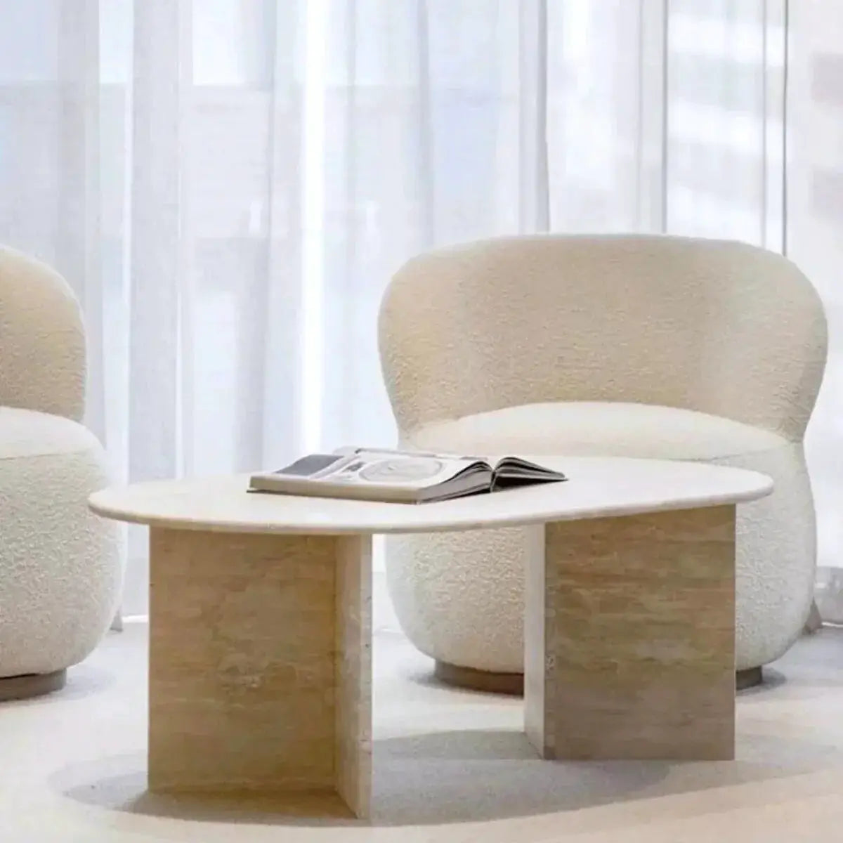 Light Travertine Oval Handcrafted Coffee Table Polished Finish 24 x 48 x 16 Inches by GobekDesign