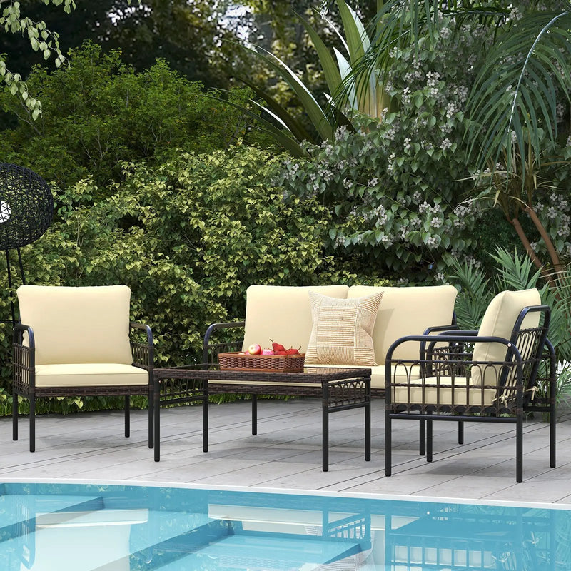 4 Pieces Outdoor Wicker Conversation Bistro Set with Soft Cushions and Tempered Glass Coffee Table-Beige by DirectDeals
