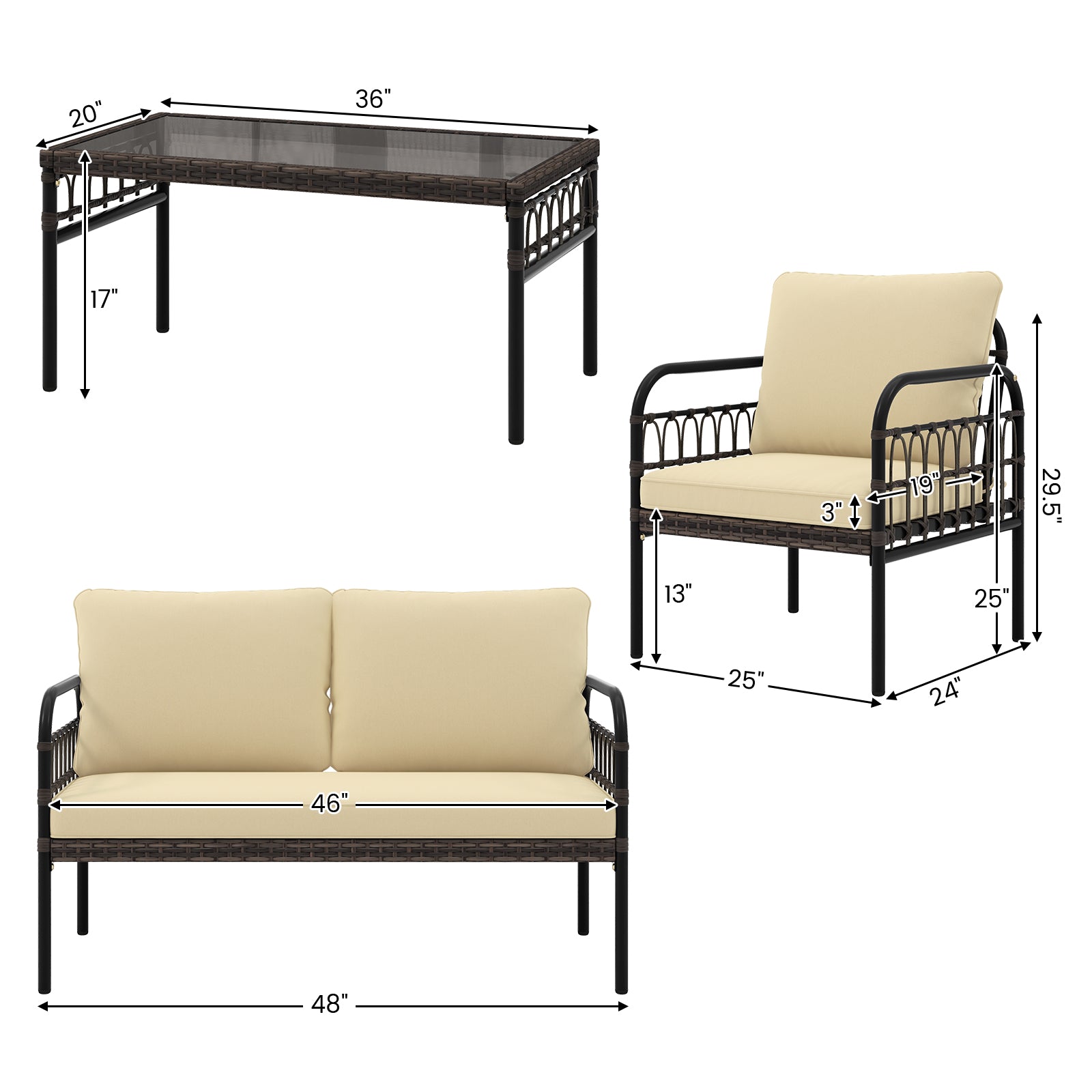 4 Pieces Outdoor Wicker Conversation Bistro Set with Soft Cushions and Tempered Glass Coffee Table-Beige by DirectDeals