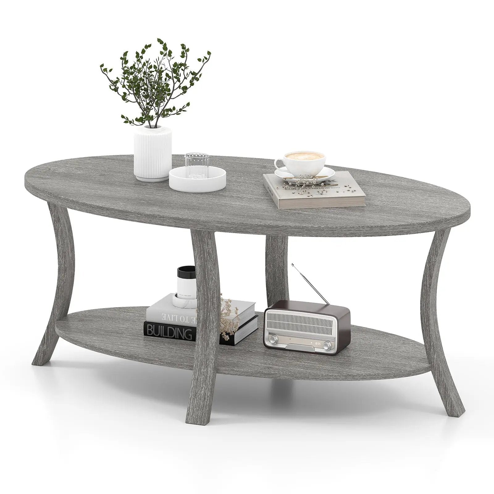 Oval Coffee Table 2-Tier Center Table with Storage Shelf-Gray by DirectDeals