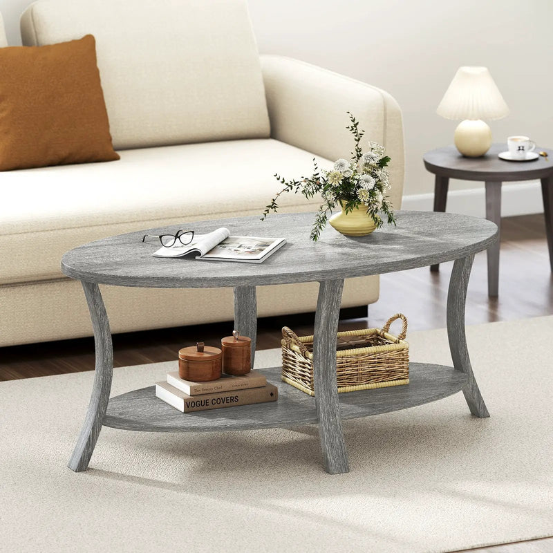 Oval Coffee Table 2-Tier Center Table with Storage Shelf-Gray by DirectDeals