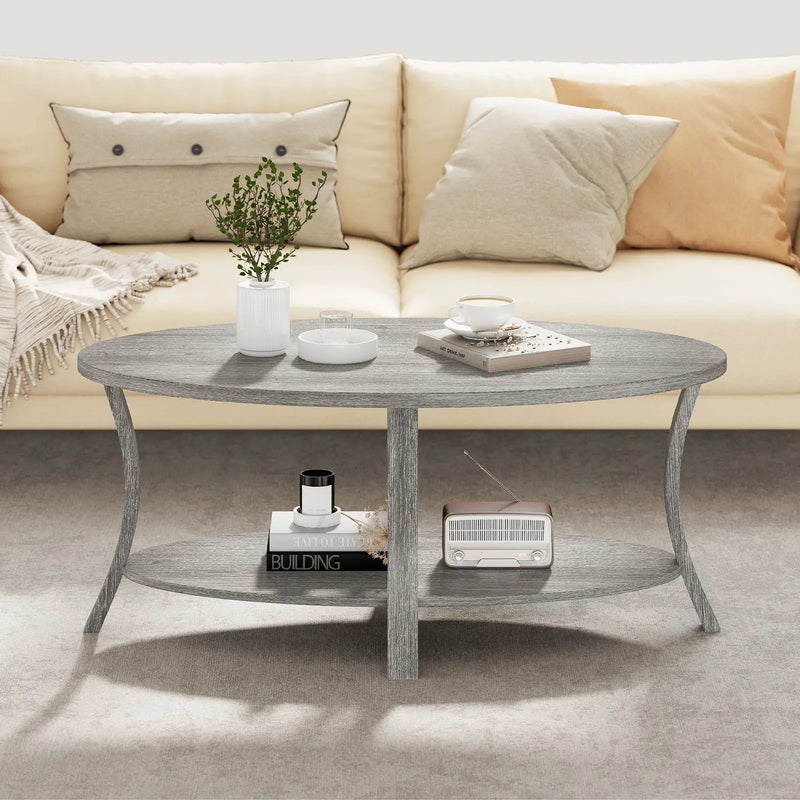 Oval Coffee Table 2-Tier Center Table with Storage Shelf-Gray by DirectDeals