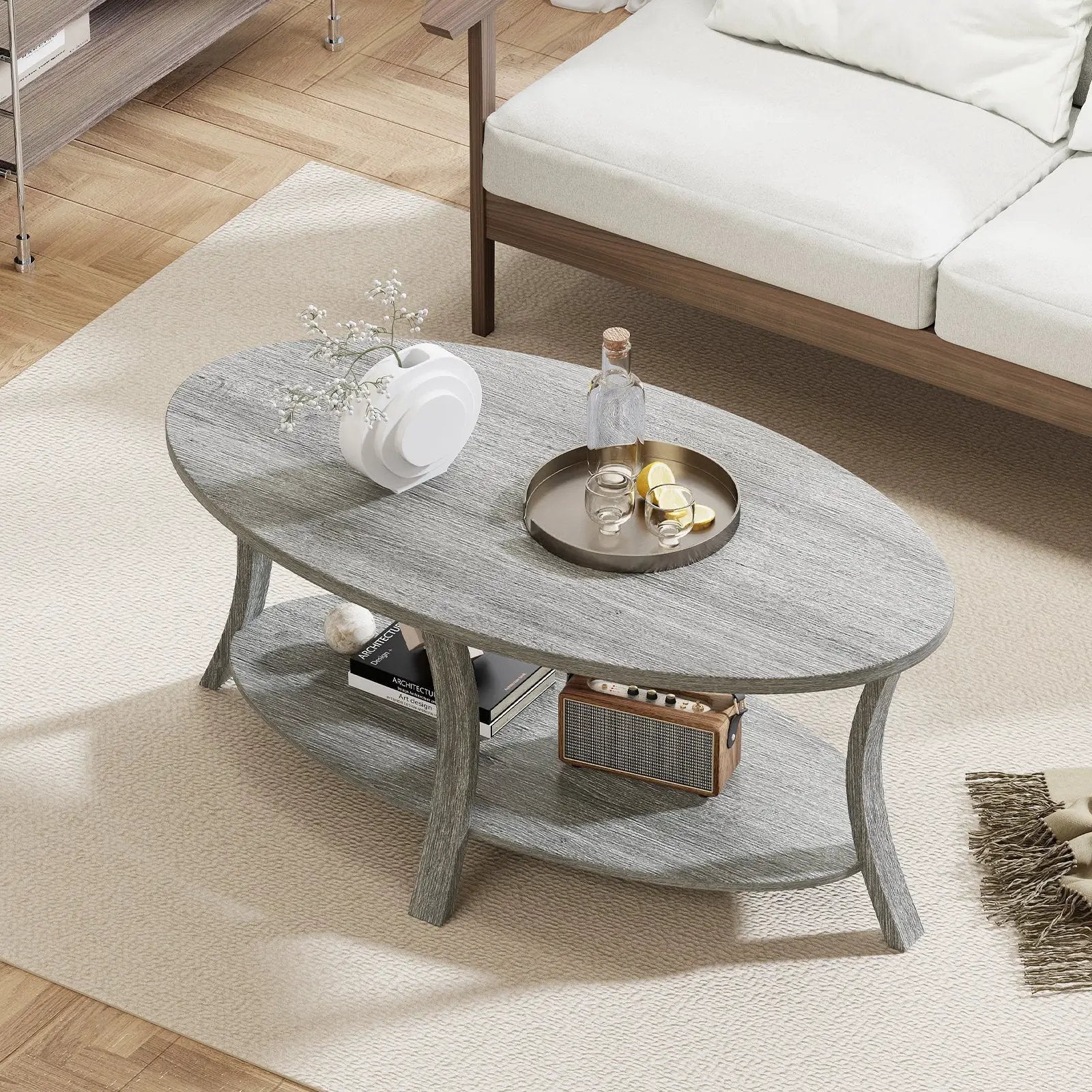 Oval Coffee Table 2-Tier Center Table with Storage Shelf-Gray by DirectDeals
