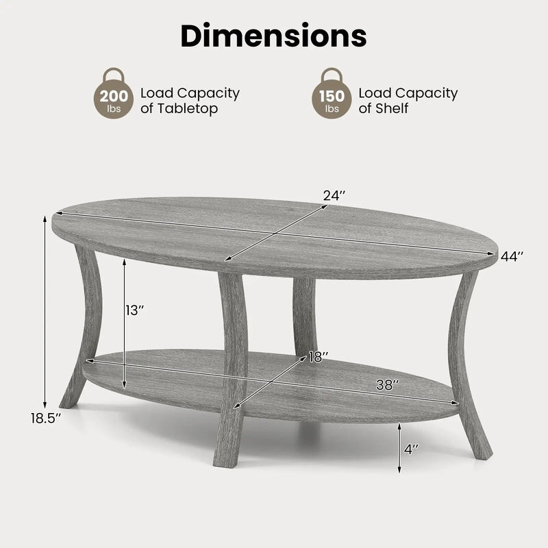 Oval Coffee Table 2-Tier Center Table with Storage Shelf-Gray by DirectDeals