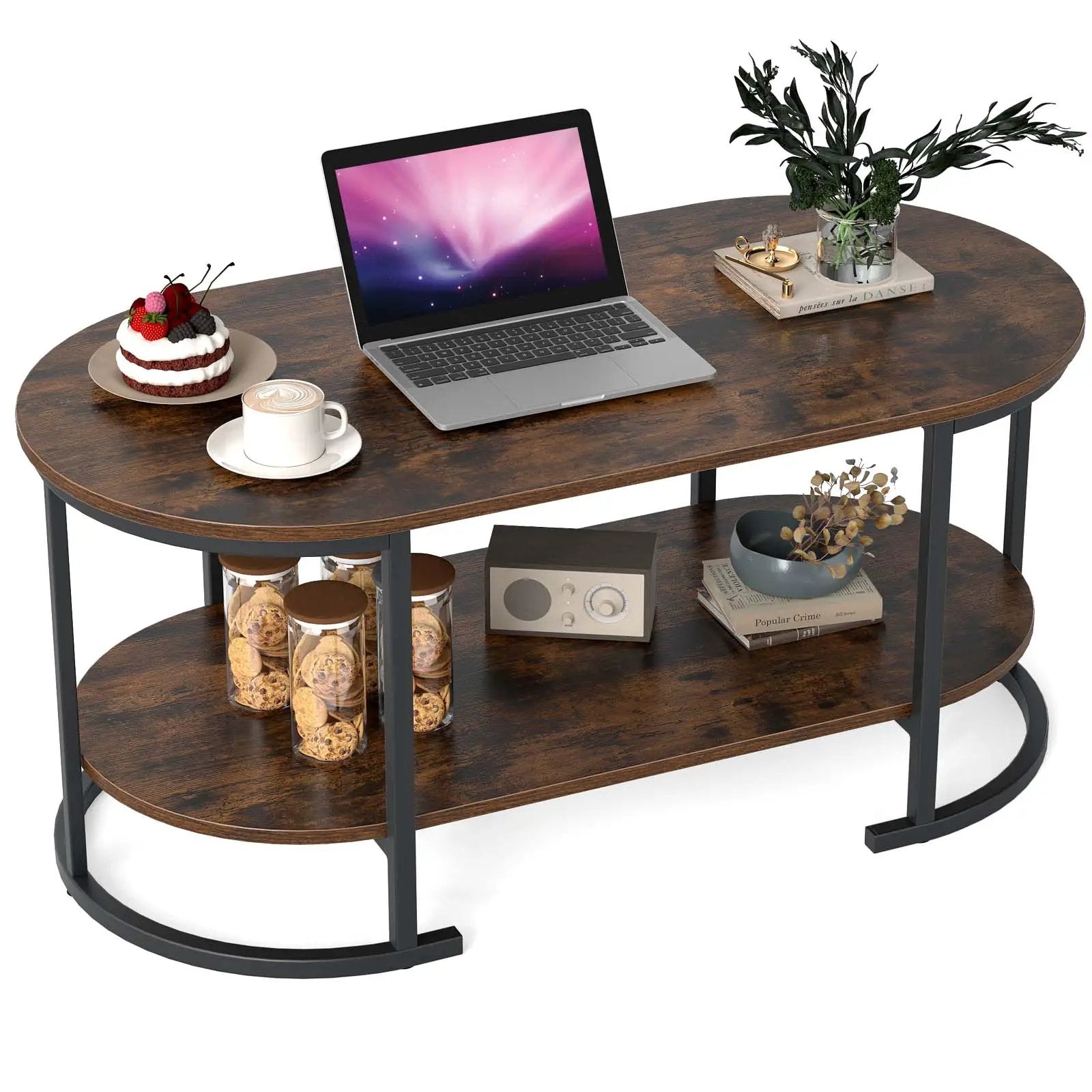Oval Coffee Table 2-Tier Wooden Accent Table with Spacious Tabletop and Open Storage Shelf by DirectDeals