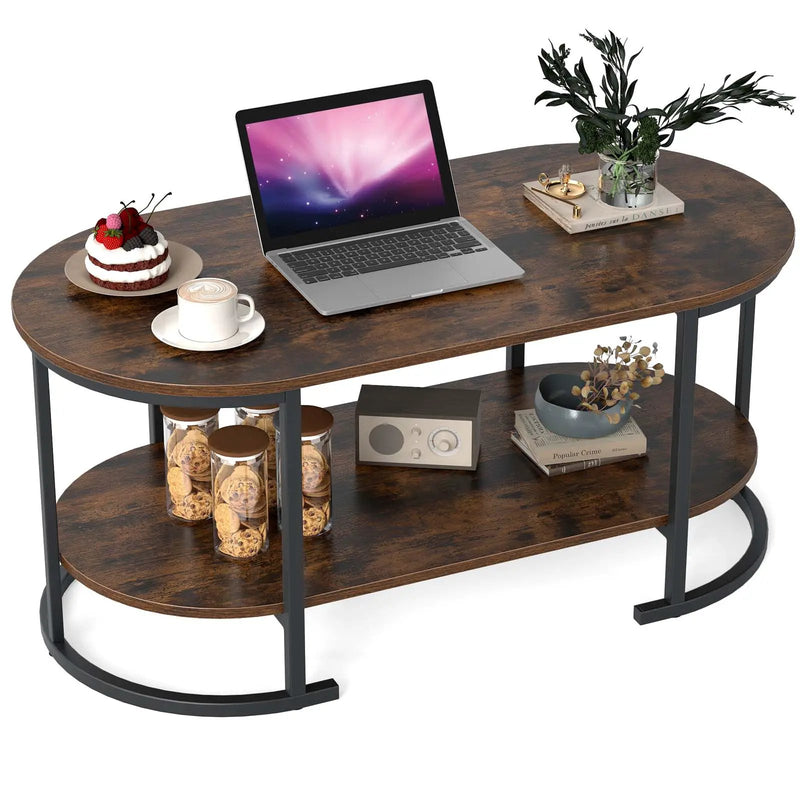 Oval Coffee Table 2-Tier Wooden Accent Table with Spacious Tabletop and Open Storage Shelf by DirectDeals
