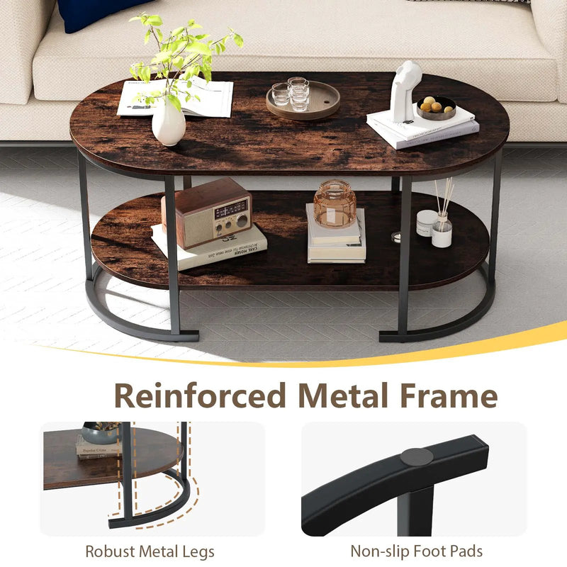 Oval Coffee Table 2-Tier Wooden Accent Table with Spacious Tabletop and Open Storage Shelf by DirectDeals