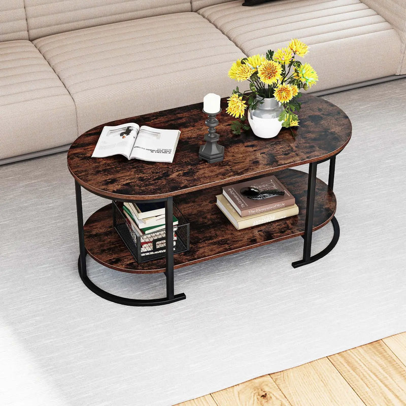 Oval Coffee Table 2-Tier Wooden Accent Table with Spacious Tabletop and Open Storage Shelf by DirectDeals