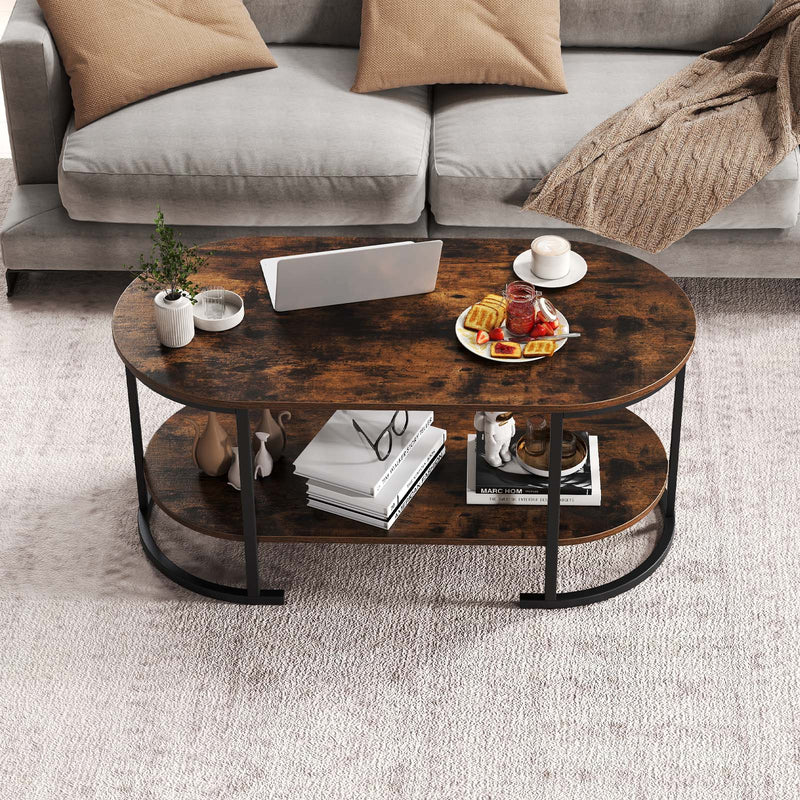 Oval Coffee Table 2-Tier Wooden Accent Table with Spacious Tabletop and Open Storage Shelf by DirectDeals