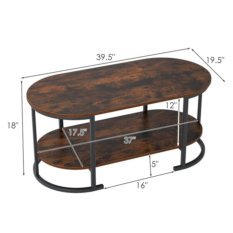 Oval Coffee Table 2-Tier Wooden Accent Table with Spacious Tabletop and Open Storage Shelf by DirectDeals