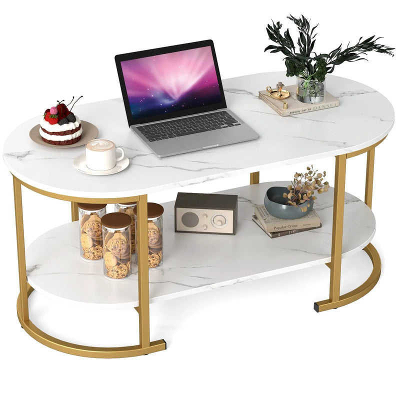 Oval Coffee Table 2-Tier Wooden Accent Table with Spacious Tabletop and Open Storage Shelf by DirectDeals