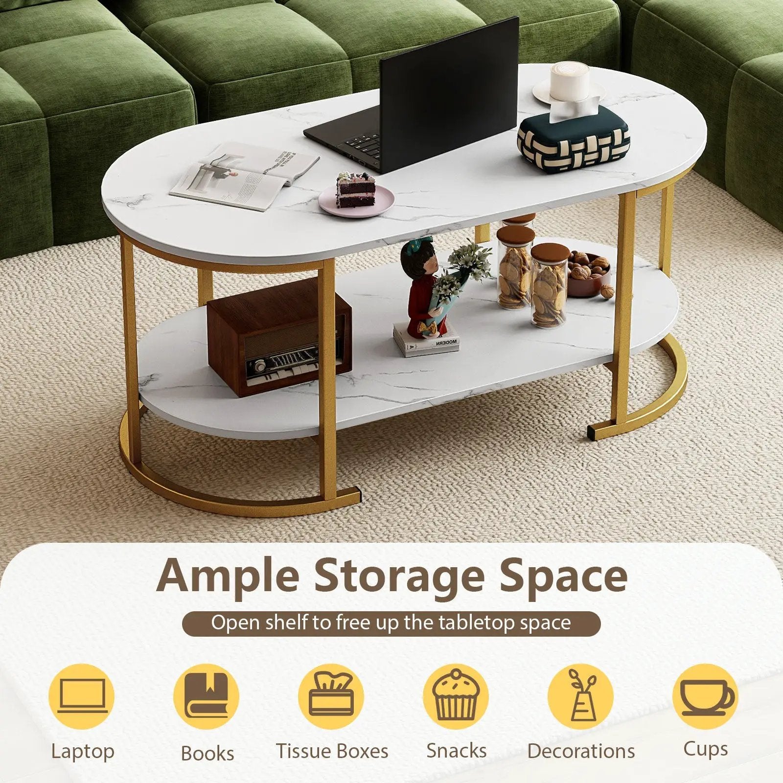 Oval Coffee Table 2-Tier Wooden Accent Table with Spacious Tabletop and Open Storage Shelf by DirectDeals