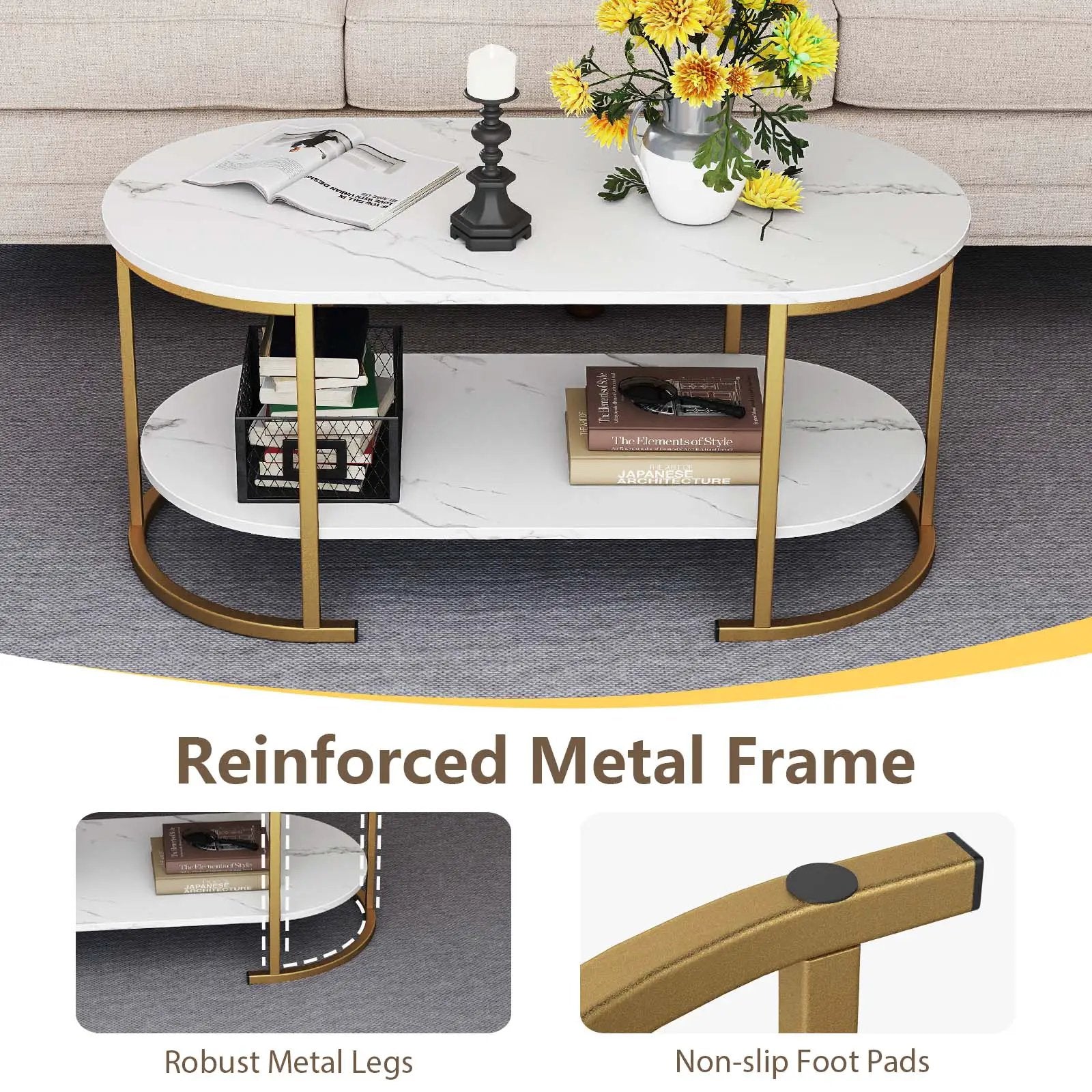Oval Coffee Table 2-Tier Wooden Accent Table with Spacious Tabletop and Open Storage Shelf by DirectDeals
