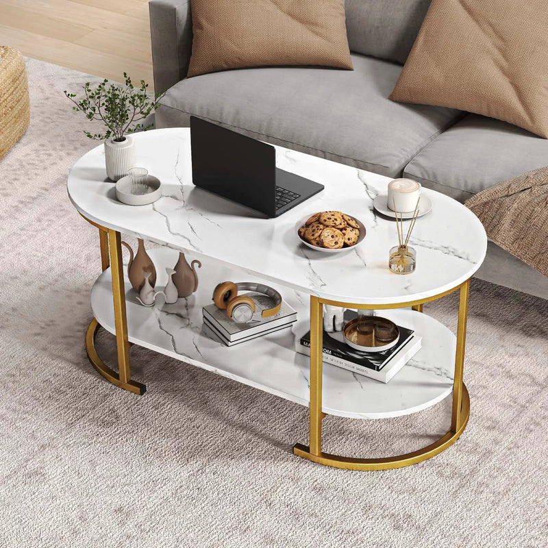 Oval Coffee Table 2-Tier Wooden Accent Table with Spacious Tabletop and Open Storage Shelf by DirectDeals