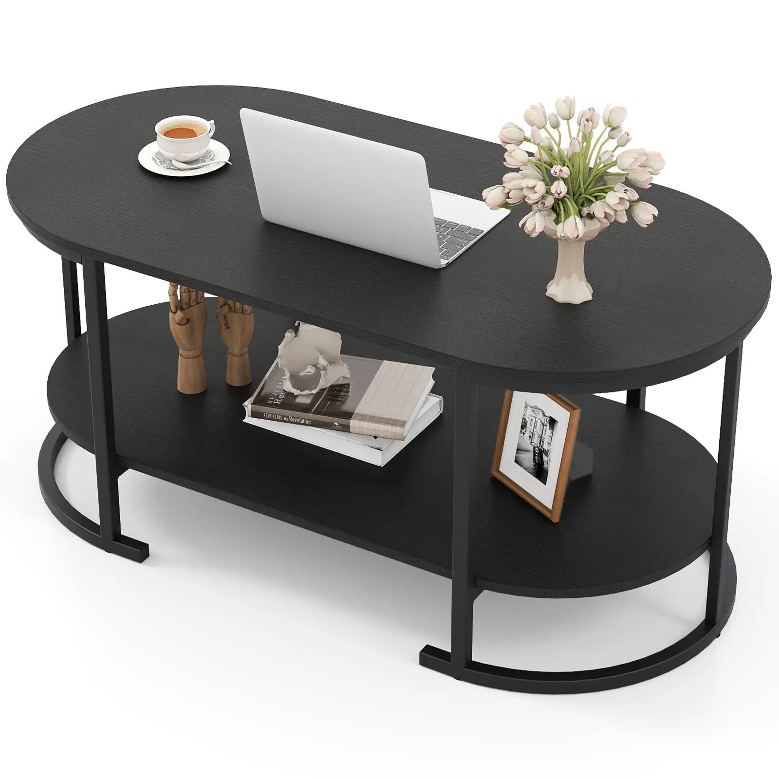 Oval Coffee Table 2-Tier Wooden Accent Table with Spacious Tabletop and Open Storage Shelf by DirectDeals