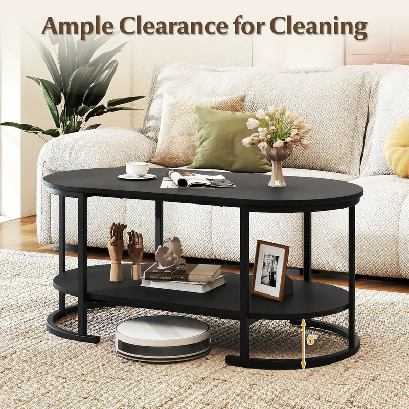 Oval Coffee Table 2-Tier Wooden Accent Table with Spacious Tabletop and Open Storage Shelf by DirectDeals