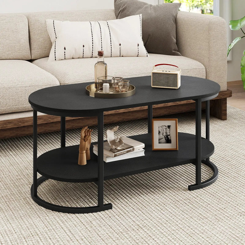 Oval Coffee Table 2-Tier Wooden Accent Table with Spacious Tabletop and Open Storage Shelf by DirectDeals