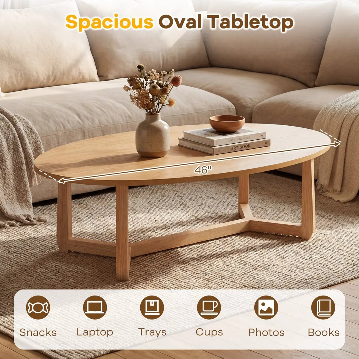 Oval Coffee Table 46 Inches Wooden Accent Table with Thickened Top, photo 13 of 16