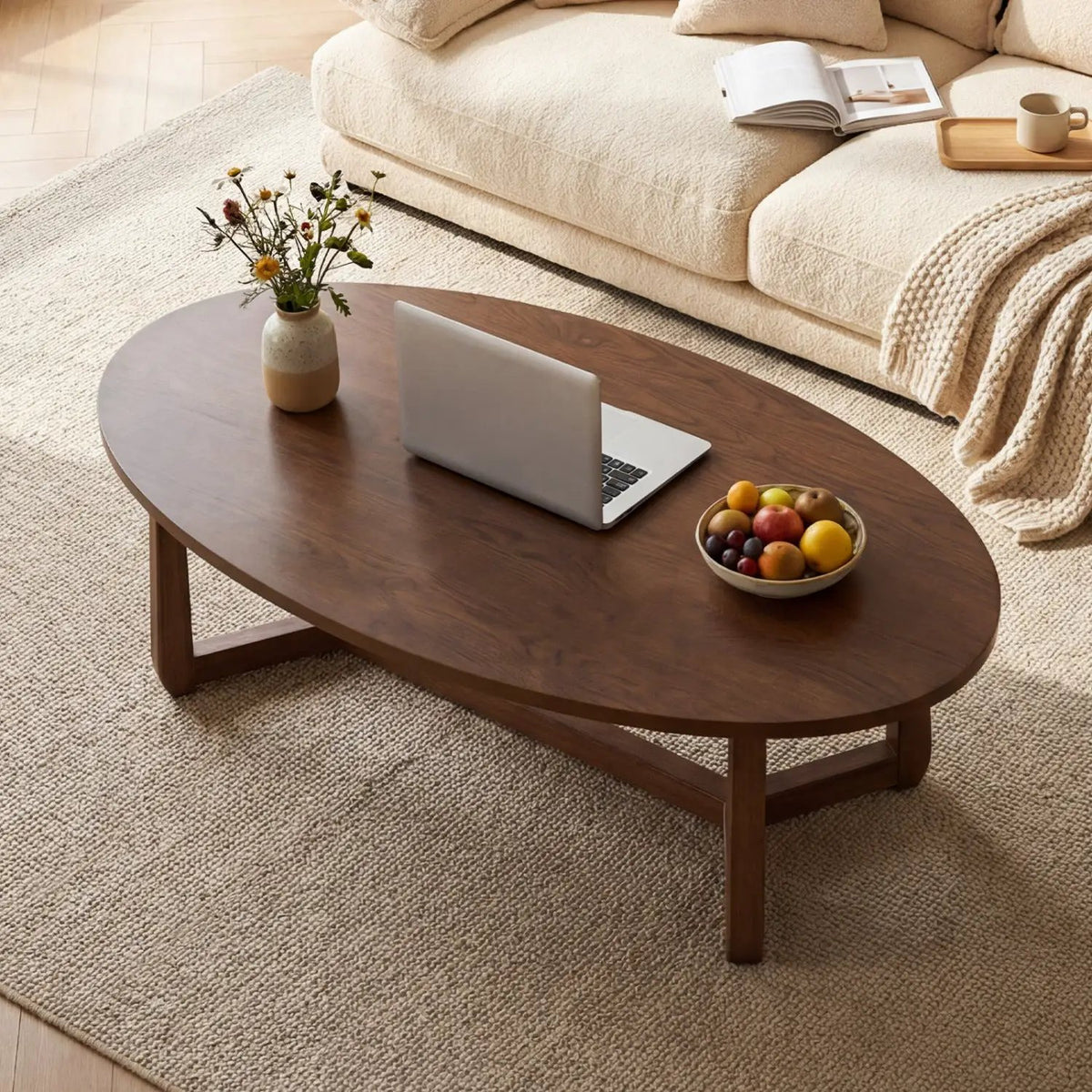 Oval Coffee Table 46 Inches Wooden Accent Table with Thickened Top, photo 3 of 16
