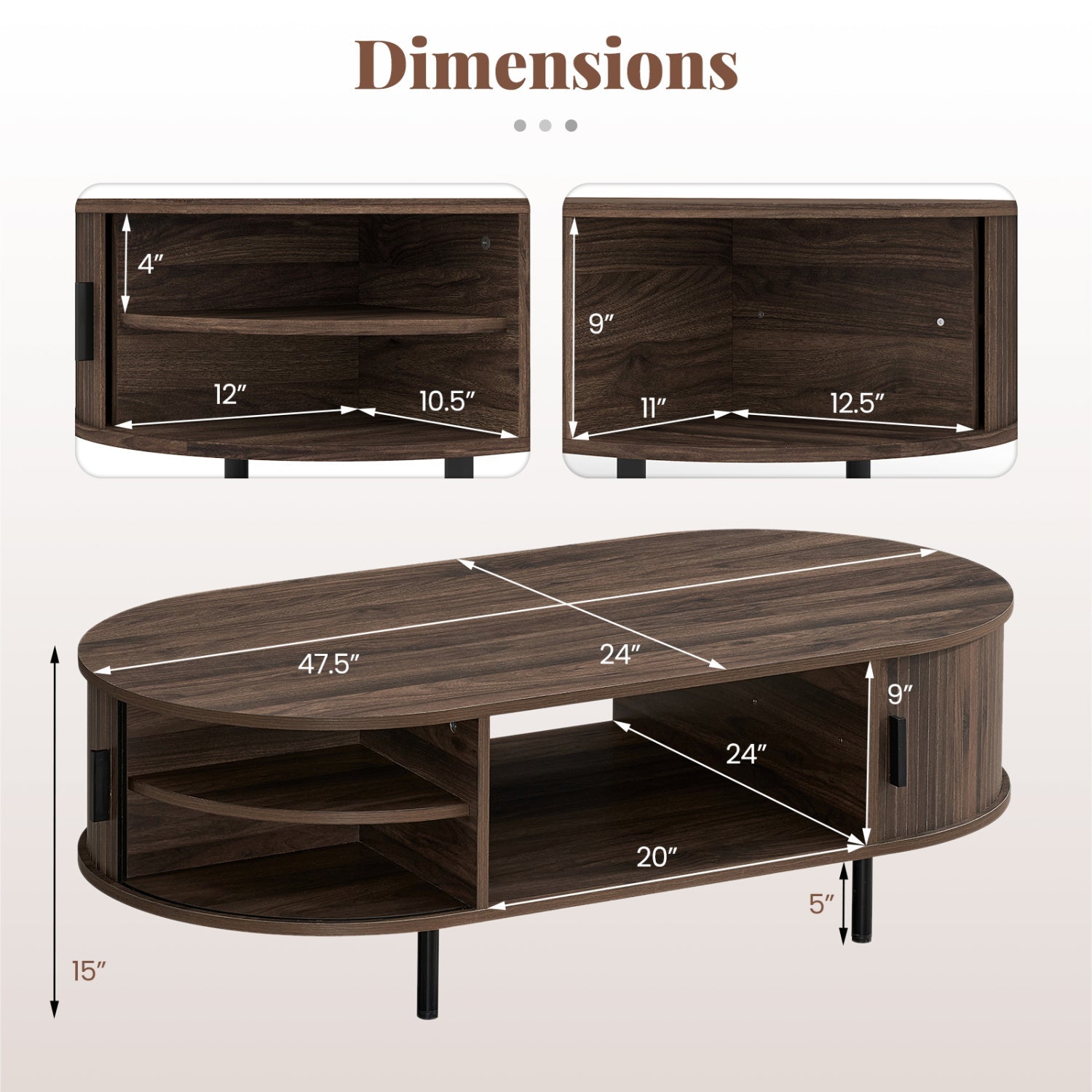 Oval Coffee Table 47.5inch Wooden Center Table with Storage by DirectDeals