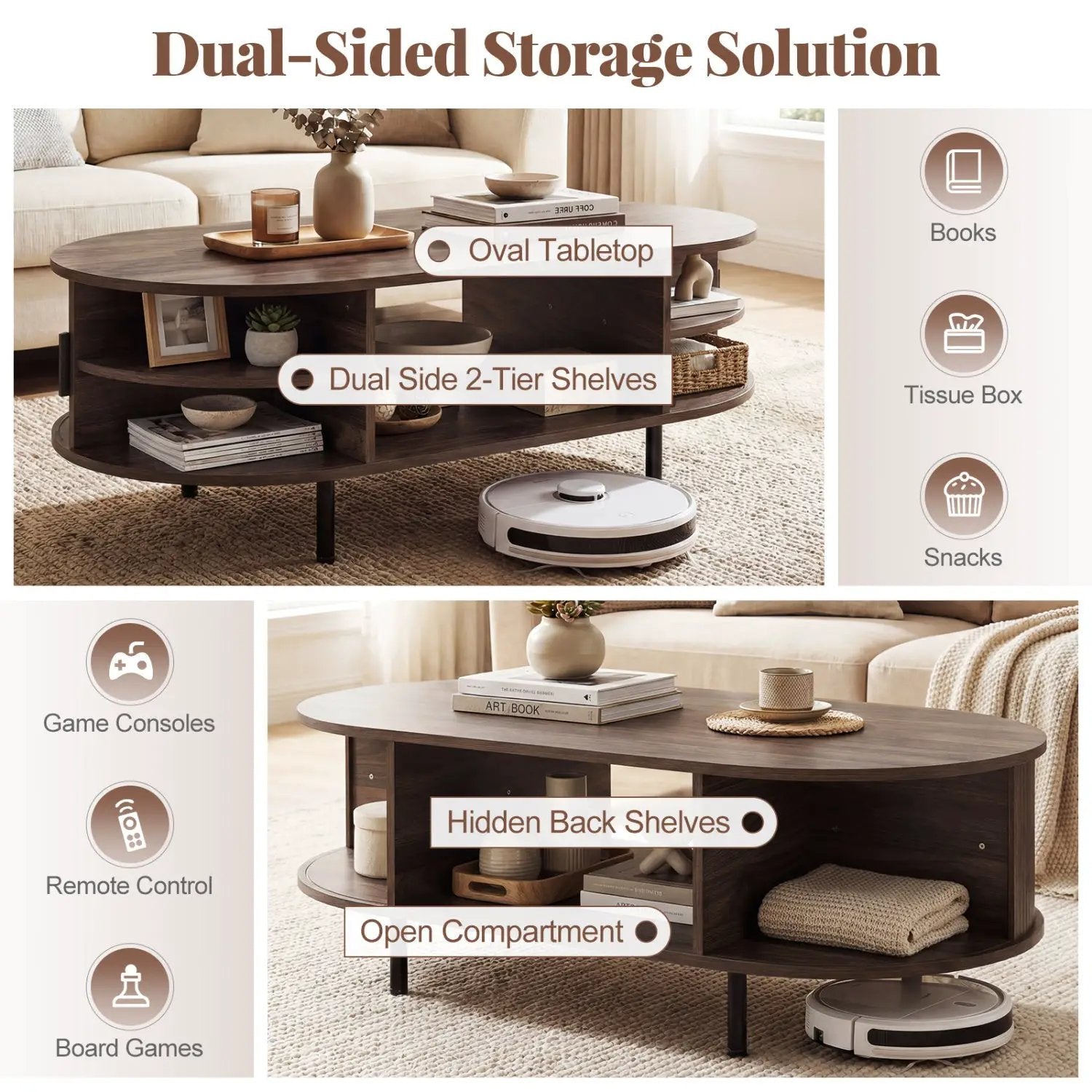 Oval Coffee Table 47.5inch Wooden Center Table with Storage by DirectDeals