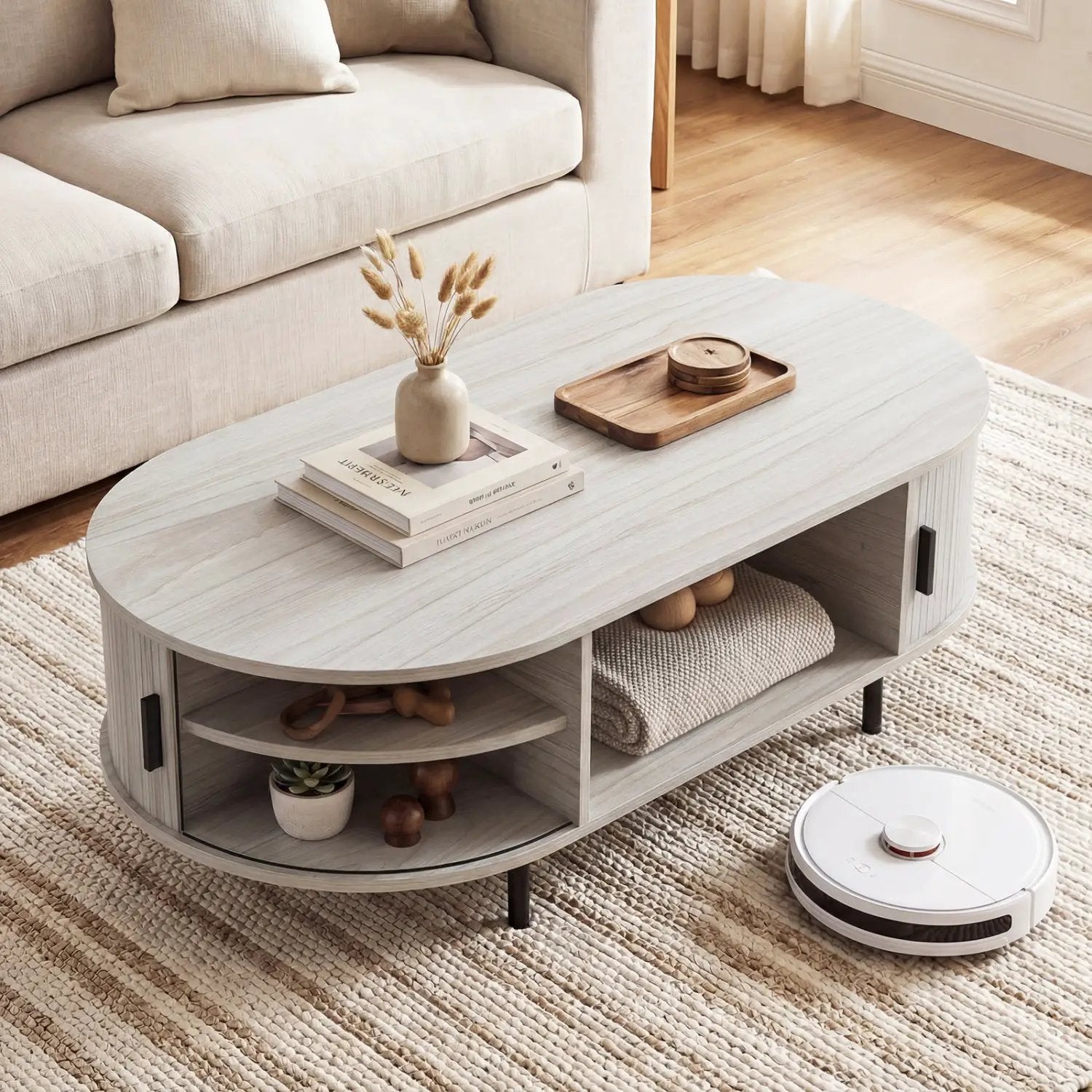 Oval Coffee Table 47.5inch Wooden Center Table with Storage by DirectDeals