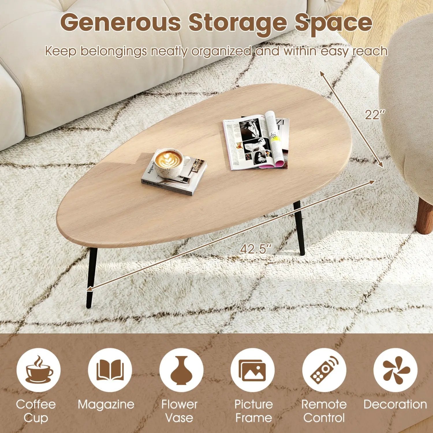 Oval Coffee Table Mid Century Center Table with Sturdy Metal Construction by DirectDeals