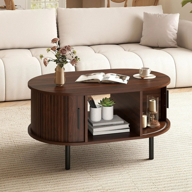Oval Coffee Table with Open Compartment and Sector Shelves-Walnut by DirectDeals