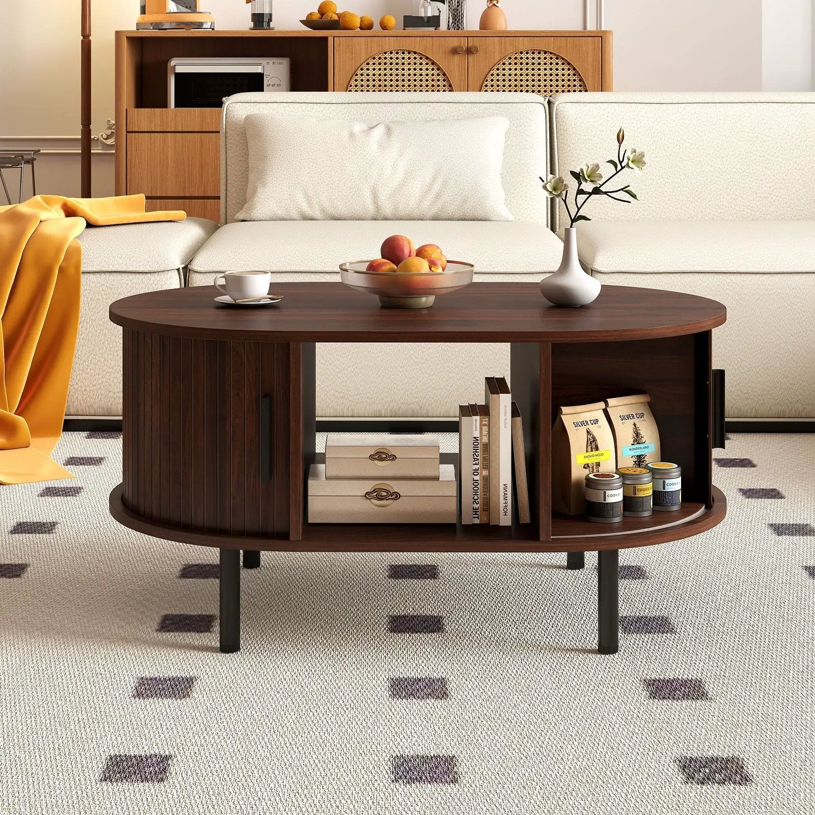Oval Coffee Table with Open Compartment and Sector Shelves-Walnut by DirectDeals