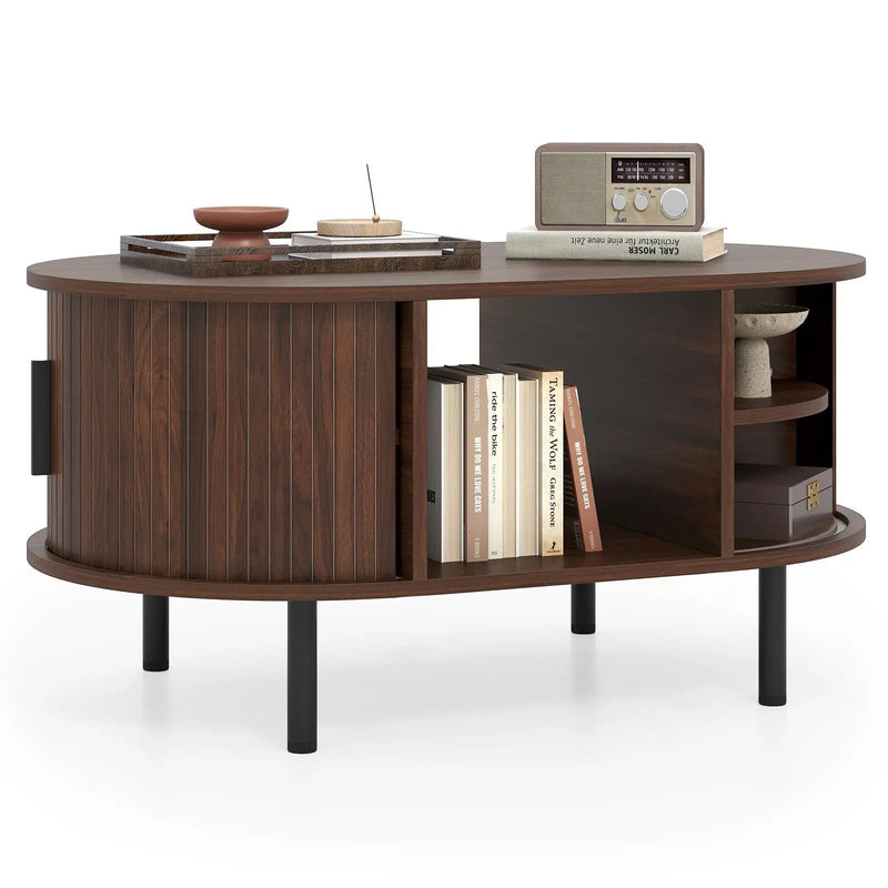 Oval Coffee Table with Open Compartment and Sector Shelves-Walnut by DirectDeals
