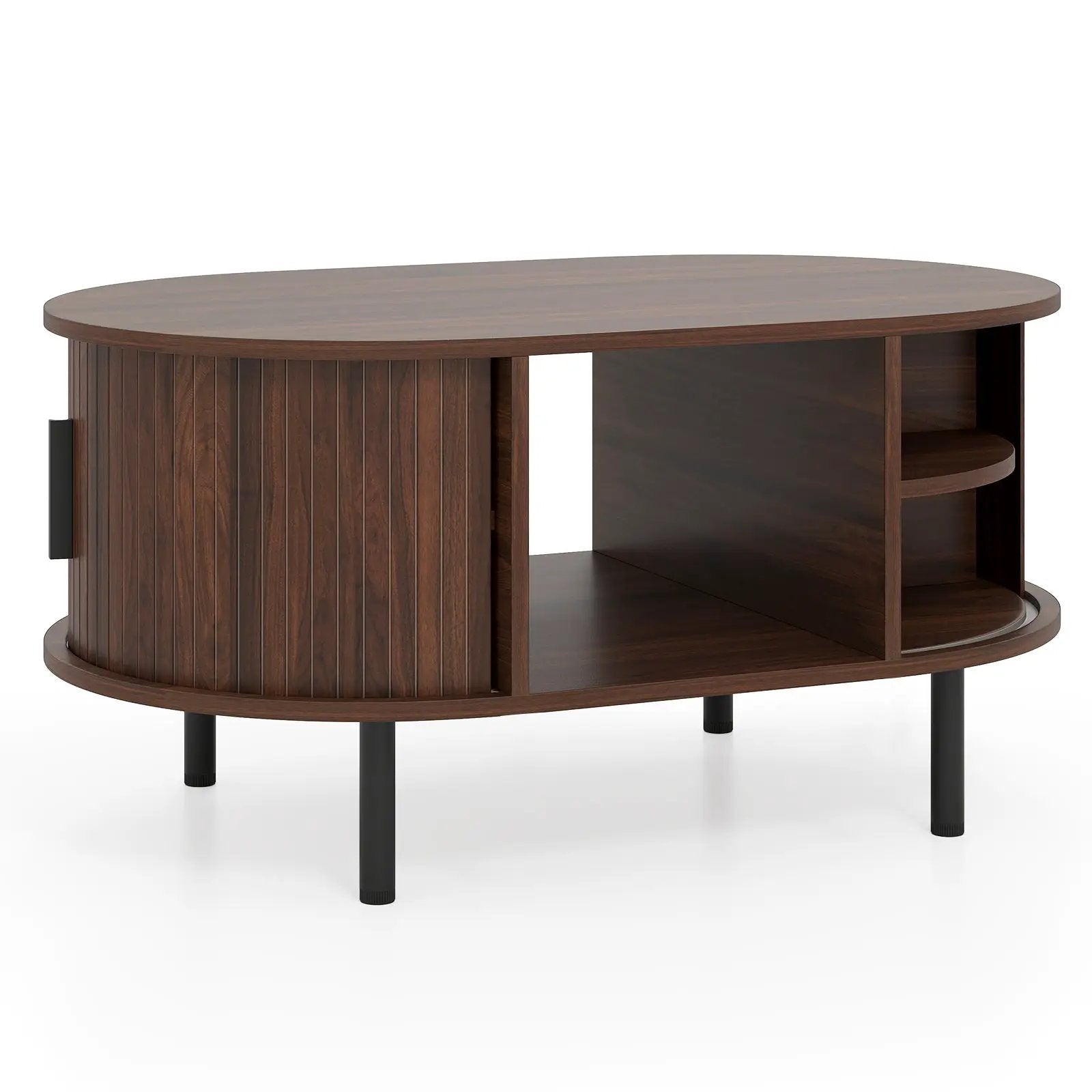 Oval Coffee Table with Open Compartment and Sector Shelves-Walnut by DirectDeals