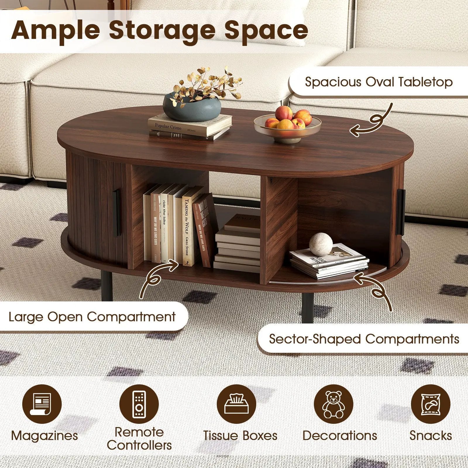 Oval Coffee Table with Open Compartment and Sector Shelves-Walnut by DirectDeals